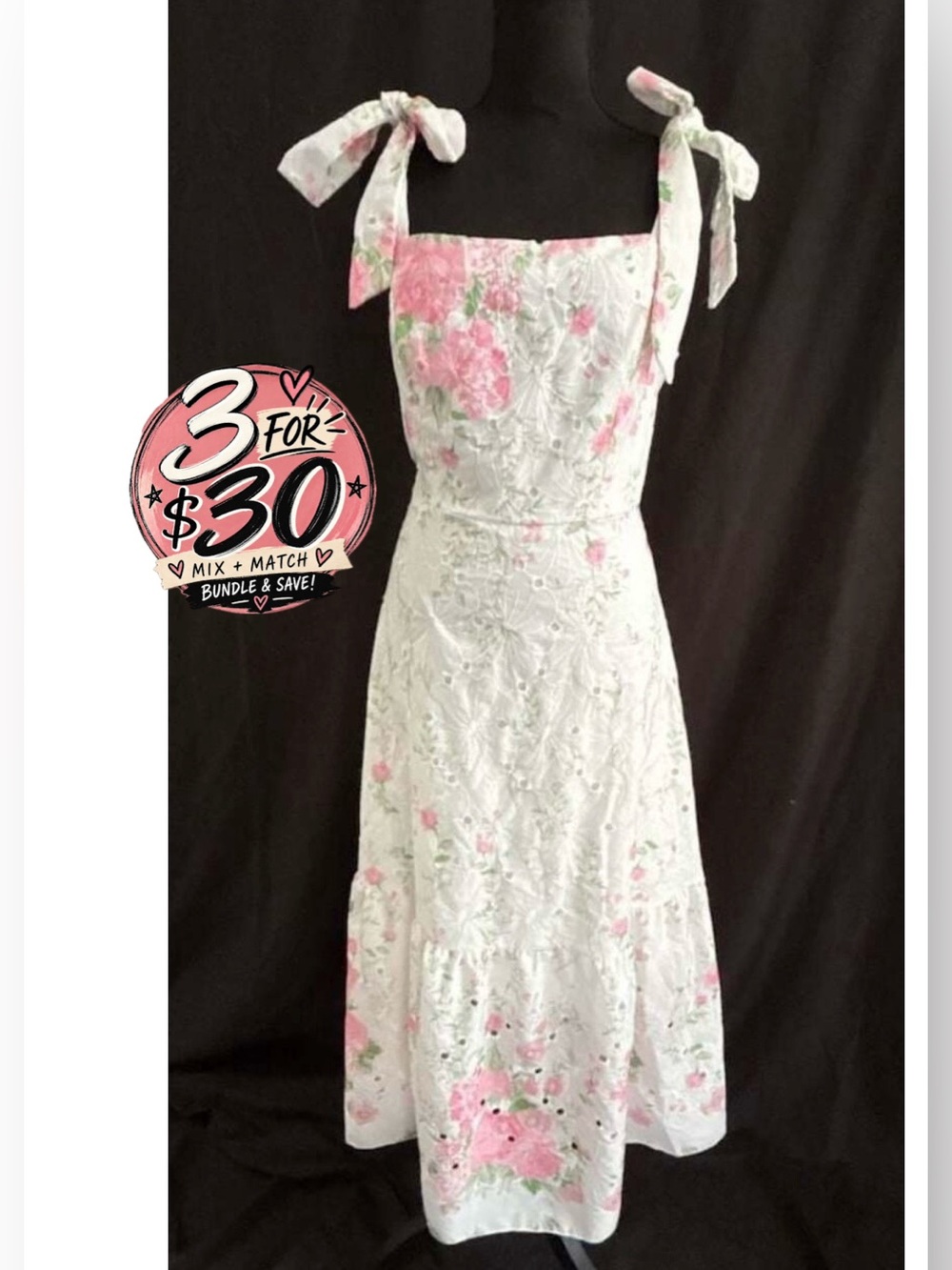 SHEIN White/Pink Hollow Embroidered Floral Print Tie-Strap Dress 3 FOR $30! ✨